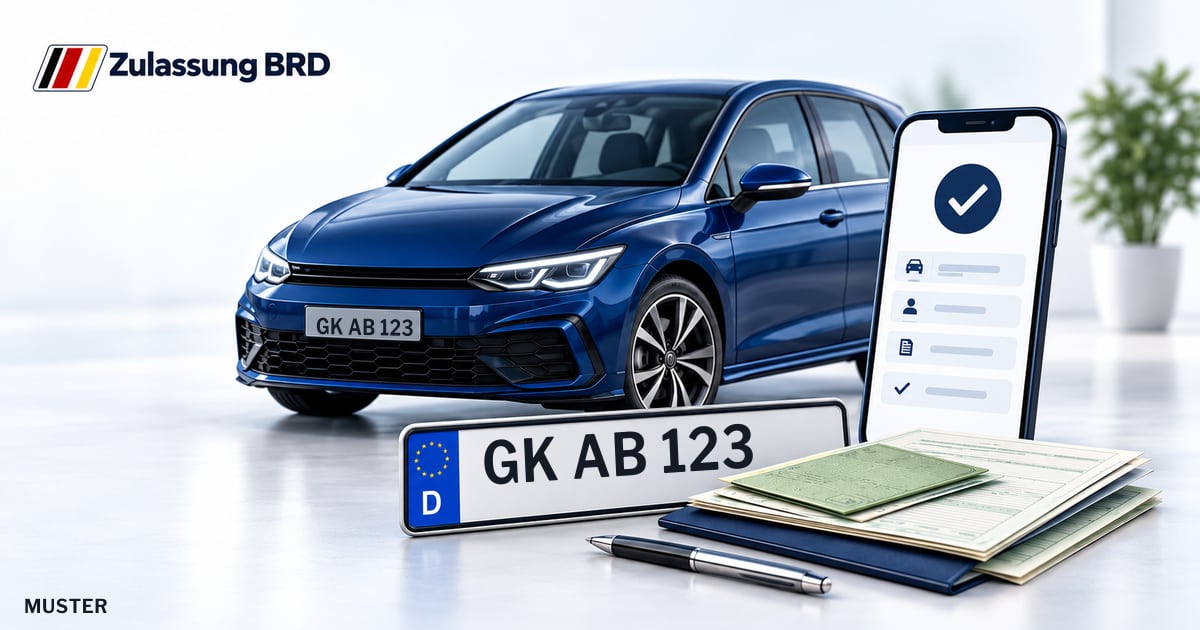 Online Fahrzeugzulassung in Wassenberg: Musterkennzeichen GK AB 123, Auto und Fahrzeugpapiere und Smartphone. Illustration mit Logo von Zulassung BRD.